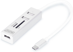 USB Хъб Digitus DA-70243 :: USB 2.0 Type-C 3-портов хъб + четец за карти, алуминиев