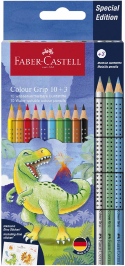 Канцеларски продукт Faber-Castell Цветни моливи Grip 2001 - Динозавър, 10 стандартни, 3 металикови