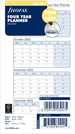 Канцеларски продукт Filofax Пълнител за органайзер, А5, за 2024-2027 година, 4 години на страница