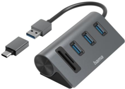 HAMA USB хъб-четец на карти, 5 портов, 3x USB-A, SD, microSD, вкл. USB-C адаптер