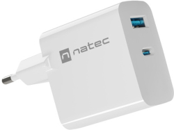 Кабел/адаптер Natec USB Charger  Ribera Gan 1X USB-A + 1X USB-C 65W, White