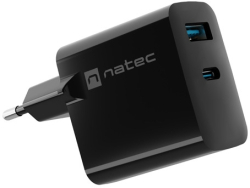 Кабел/адаптер Natec USB Charger  Ribera Gan 1X USB-A + 1X USB-C 65W, Black
