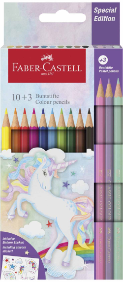 Канцеларски продукт Faber-Castell Цветни моливи Еднорог, 10 стандартни и 3 пастелни цвята