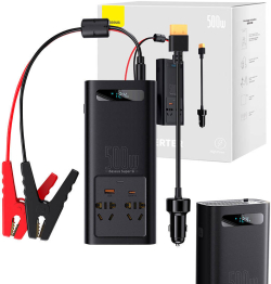 Инвертор Baseus 150W 12V , 500W 220V, 2x AC, USB Type-C, USB-A, 2.5A, 5V, 9V, 12V, Черен