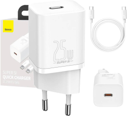 Принадлежност за смартфон Baseus Super Si 25W, USB-C, 25W, 12V, 9V, 5V, Кабел 1м, 220-240V,50-60 Hz Бял