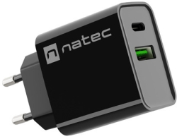Принадлежност за смартфон Natec USB Charger Ribera 1X USB-A + 1X USB-C 20W, Black