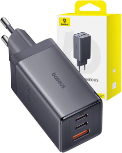 Принадлежност за смартфон Зарядно устройство Baseus GaN5 Ultra 2x USB-C + USB, 65W + кабел 1м - Сив