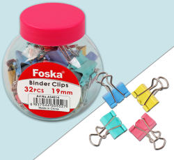 Канцеларски продукт Foska Щипки за пари, 19 mm, цветни, 32 броя в буркан