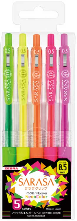 Канцеларски продукт Zebra Гел ролер Sarasa Clip, автоматичен, 0.5 mm, 5 неонови цвята
