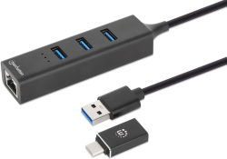 MANHATTAN 180894 : 3-Портов Combo хъб USB 3.0 Type-C-А с Gigabit Ethernet, черен