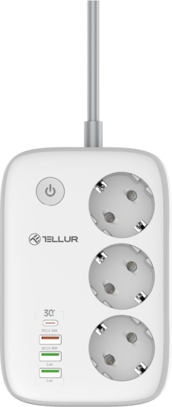 Контакт Tellur Smart WiFi разклонител, PD30W, QC18W, 2 x USB-A, 2500 W, 10A, 2 м, бял