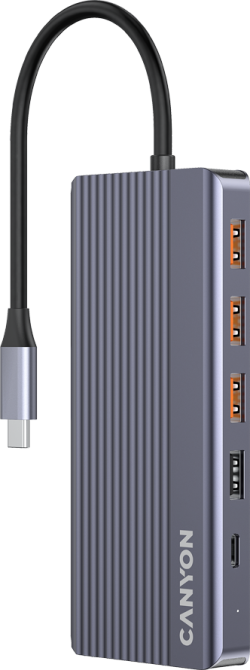 Докинг станция CANYON DS-16 13in1, USB Type-C, 2x HDMI, DP, RJ-45, USB 3.2, MicroSD, Сив