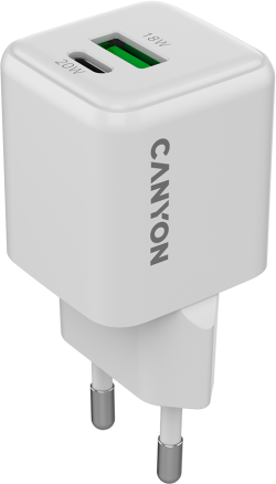 Принадлежност за смартфон Зарядно устройство CANYON CU20AC GaN 20W 1xPD 1xQC EU, Бял
