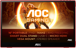 Монитор AOC 16G3, 15.6" IPS WLED, 1920x1080@144Hz, 4ms GtG, 250cd m-2, 1000:1, 80M:1 DCR