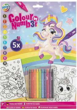Moxy Рисуване по номера Еднорог, A4, 5 листа, с включени пастели