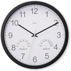 HAMA Стенен часовник Santorini, без тиктакане, Термо-хигрометър,  30см, черен