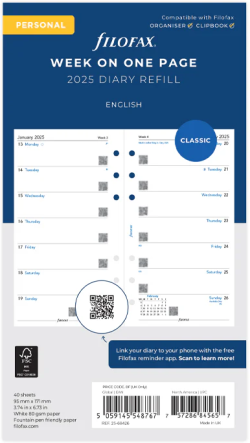 Канцеларски продукт Filofax Пълнител за органайзер Classic, Personal, за 2025 година, 1 седмица на страница