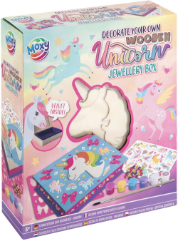  Moxy Кутия за бижута Еднорог, дървена, със стикери и 6 бои