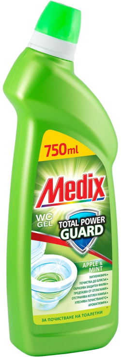 Почистващ продукт Medix Препарат за почистване на тоалетни Total Power Guard, гел, ябълка, светлозелен, 750 ml
