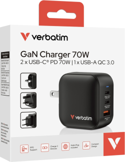 Принадлежност за смартфон Verbatim Mini GaN Charger 70W 3 Port US plug with EU and UK adaptors