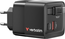 Принадлежност за смартфон Verbatim Mini GaN Charger 65W 2 Port retractable cable display US plugs with EU and UK adaptors
