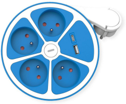 Контакт ROLINE 19.07.2342 :: Разклонител, 3 гнезда, 1x USB A, 1x USB-C, кръгъл, с ключ, син, 1.5 м