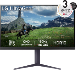 Монитор LG UltraGear - 31.5", Nano IPS дисплей, 2560 x 1440 QHD, 16:9, 180 Hz, 100~240 V, Черен