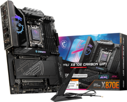  MSI MPG X870E CARBON WIFI, ATX, Socket AM5, 4x DDR5 Dual Channel DDR5 up to 8400(OC)MHz, 3x PCIe 3.0 x16 slot, 4x M.2 slot, 9x USB 10Gbps, 2x 10Gbps Type-C, 2x 40Gbps Type-C, HDMI, 7.1 HD Audio, 2.5+5G LAN, WiFI 7, BT, 3Y