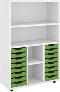 Етажерка RFG, с 14 PP зелени тавички, 1040 х 400 х 1500 mm, ПДЧ 18 mm, бяла