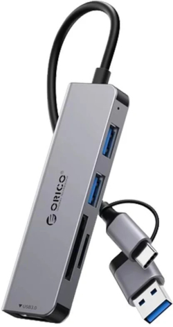 Orico хъб HUB USB-C-A 4 port - USB3.0 x 1, SD-TF x 2, USB2.0 x 2, USB-C x 2, Aluminium - YSA6-U3-GY