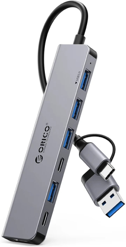 Orico хъб HUB USB-C-USB-A 7 port - USB-C x 2, USB3.0 x 1, USB2.0 x 4, Aluminium - YSA7-U3-GY