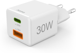 Принадлежност за смартфон HAMA Бързо мини Gan зарядно, 30 W, 1x USB-C, 1x USB-A, PD, бял