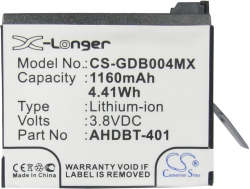 Аксесоар за фотоапарат Cameron Sino - Съвместима с GOPRO Hero 4; HERO 4 Plus AHDBT-401, 1160 mAh, 3.8 V; CS-GDB004MX