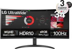 LG - 34” UltraWide, 21:9 извит VA монитор с 100 Hz честота на опресняване, 5 ms., 3440 x 1440, Черен