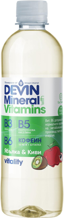 Продукт Devin Функционална вода Минерали & Витамини, ябълка и киви, с кофеин, 425 ml