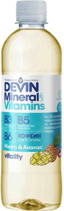 Продукт Devin Функционална вода Минерали & Витамини, манго и ананас, с кофеин, 425 ml