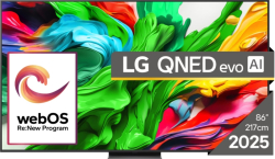  LG 86QNED86A3A, 86" 4K QNED HDR Smart TV, 3840x2160, 120Hz Native (VRR 144Hz), DVB-T2-C-S2, Alpha 8 AI Processor, HDR 10 PRO, webOS 25 ThinQ, 4K Upscaling, WiFi 5, Dolby Vision, Bluetooth 5.1, AirPlay 2, LAN, CI, HDMI, SPDIF, Stand