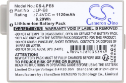 Аксесоар за фотоапарат Батерия за апарат Cameron Sino LP-E8, 7.4V, 1120mAh, Canon EOS Rebel T2i, T3i, T4i, T5i, EOS 600D, 550D, 650D, 700D, Kiss X5, X4, X6