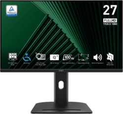 Монитор MSI PRO MP275PG, 27", 1ms, 100Hz, IPS, 1920x1080 (FHD), 16:9, FLAT, Adaptive-Sync, AG, 300 nits, DP (1.2a), HDMI 1.4b, VGA, Черен