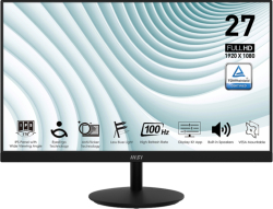 Монитор MSI PRO MP271A, 27", 1ms, 100Hz, IPS, 1920x1080 (FHD), DP(1.2a), HDMI 1.4b, VGA, Line-in, Speakers 2x2W, Tilt, VESA, Черен