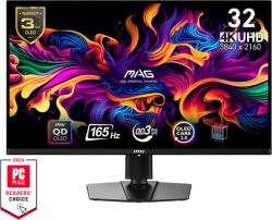  MSI MAG 321UP QD-OLED, 32", 0.03ms,165Hz, 3840x2160 (UHD), 16:9, Flat, Oled Care 2.0, FreeSync Premium Pro, Clear MR 9000, AR, 250 nits, DCR 150M:1, DP(1.4a), 2xHDMI 2.1, 1xTypeC DP alt. w-PD (15W), Pivot, Heigh Adj., Black, 9.1kg