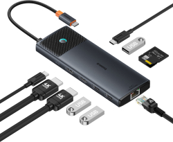 USB хъб Baseus 10 в 1 Metal Gleam Series USB-C към USB-C PD - USB-C - 3x USB-A - 2x HDMI - RJ-45 - SD - TF