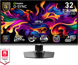  MSI MPG 322URX QD-OLED, 31.5", 0.03ms, 240Hz, Flat, 3840x2160 UHD, 16:9, G-Sync Compatible, HDR True Black 400, 450 nits, 99% DCI-P3, AG, 1.5M:1, 100M:1, DP(2.1a), 2xHDMI 2.1, 1xTypeC DP alt. w-PD (98W), USB HUB, Pivot, Heigh Adj., VESA, Black, 9.6kg