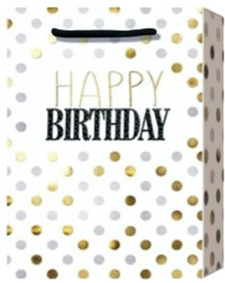  Подаръчна торбичка Happy Birthday, точки, 31 х 42 х 12 cm, бяла