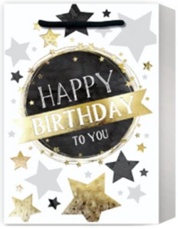  Подаръчна торбичка Happy Birthday, звезди, 31 х 42 х 12 cm, бяла