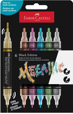  Faber-Castell Акрилен маркер Black Edition, 6 металикови цвята