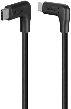 LINDY LNY-32022 :: Кабел USB 3.2, Type C, M-M, 90° десен към 90° десен, 10 Gbps, черен, 0.5 м