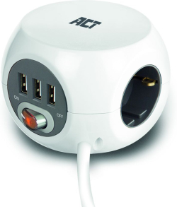  ACT разклонител куб с 3 гнезда, 3 x USB-A, бял, 3.0 м, с ключ