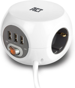  ACT разклонител куб с 3 гнезда, 3 x USB-A, бял, 1.5м, с ключ