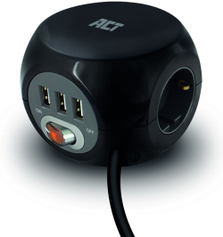 Контакт ACT разклонител куб с 3 гнезда, 3 x USB-A, черен, 1.5 м, с ключ